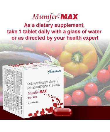 Mumfer-MAX Iron Folic Acid Supplement | 150 Tablets | Vitamin C & Vitamin-B12 for Blood Building Immunity and Energy - Buy Online on GoSupps.com