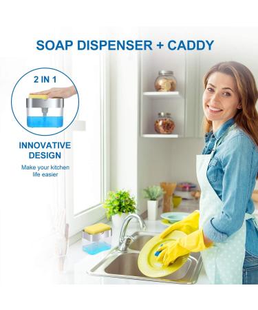 Premium Countertop Kitchen Soap Dispenser - 13 oz with Sponge - Silver - Buy Online on GoSupps.com