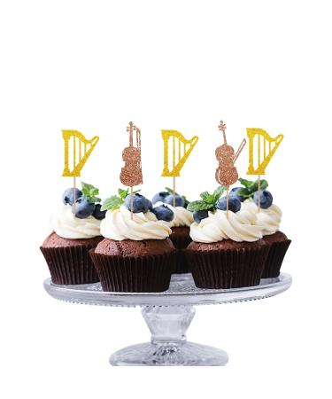 24pcs Musical Instrument Cupcake Toppers Violin Cake Decor Brown&Gold Glitter Harp Cupcake Picks for Baby Shower Music Theme Birthday Party Decoration