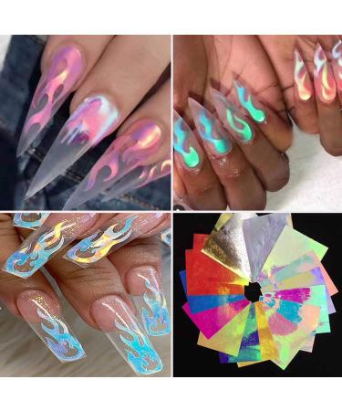 Flame Reflections Nail Stickers - 16PCS Halloween Holographic Fire Flame Nail Art Decals 3D Vinyls Nail Stencil for Nails Manicure Tape Adhesive Foils DIY Decoration