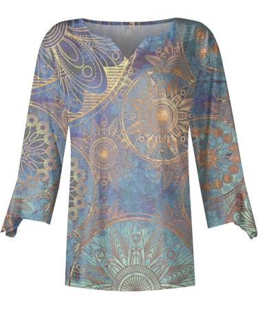 Light Blue Floral 3/4 Sleeve Women's Blouse | Summer Tunic with Trumpet Sleeves | Comfortable & Stylish Shirt - Buy Online on GoSupps.com