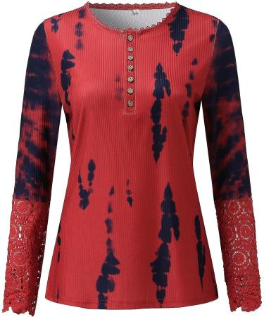 Women's Long Sleeve Lace Henley Tunic Blouse Slim Fit Red Ribbed Top - Buy Online on GoSupps.com