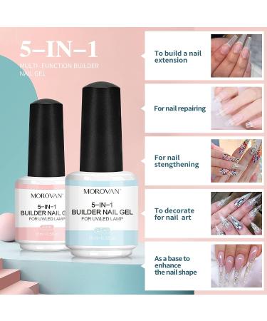 Morovan 5 in 1 Builder Nail Gel Kit - Clear & Pink UV Hard Gel for Nails Extension - Beginner-Friendly Nail Strengthening Kit - Buy Online on GoSupps.com