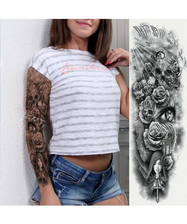 6 Sheets Full Arm Waterproof Black Skull Rose Temporary Tattoos for Men and Women - Extra Large Body Art Sticker Fake Tattoo - Buy Online on GoSupps.com