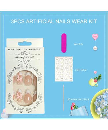 3D Pink Bow Press on Nails | Medium Almond Shape | 24 Pcs White French Tip False Nails with Flowers & Pearls | Full Cover Stick-On Acrylic Nails for Women - Buy Online on GoSupps.com