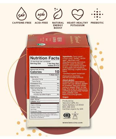 Teeccino Organic Reishi Eleuthero Mushroom Herbal Tea - Caffeine Free, 10 Bags (60g) - Buy Online on GoSupps.com