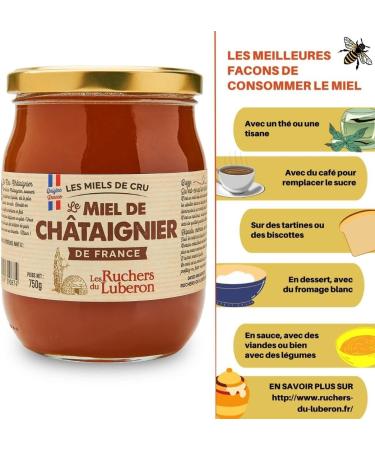 Les Ruchers du Luberon - Miel de Ch taignier 750 g - Miel de Cru Francais - Naturel - Non Filtr - Naturellement Cristallis  - Buy Online on GoSupps.com
