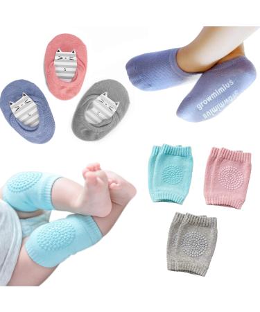 Baby Crawling Anti-Slip Knee and Anti Slip Baby Boys Girls Socks Best Infant Gift, Unisex Baby Toddlers Kneepads (Blue Pink Grey) 6-24 Months A-blue Pink Grey