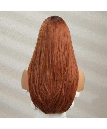 Vebonny Synthetic Hair Wig with Fringe - Auburn Ombre Wig with Dark Roots Natural Straight 24 Inch Copper Red Women s Wig | Vebonny-148 - Buy Online on GoSupps.com