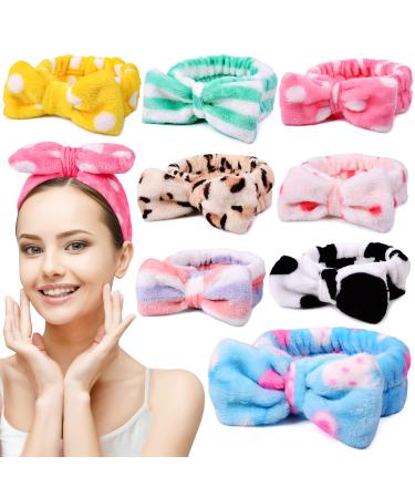 UMIKU 8 Pack Spa Headband for Women Facial Makeup Headband Soft Coral Fleece Cosmetic Headband for Women Girls Bow Hair Band Head Wraps for Washing Face Mask Spa Shower Gifts