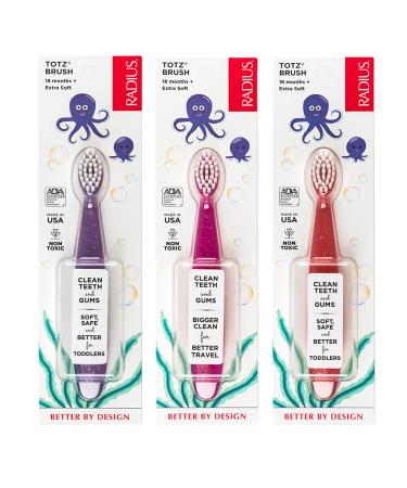 RADIUS Totz Toothbrush Extra Soft Brush BPA Free & ADA Accepted Designed for Delicate Teeth & Gums for Children 18 Months & Up - Purple Pink Coral - Pack of 3 3 Count (Pack of 1) Purple/Pink/Coral