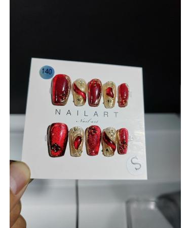 Handmade Nail Art New Red Cat Eye New Year Long Fake Nails Reusable Nails Tips Full Cover Glitter (Size : L) 1 count (Pack of 1) - Buy Online on GoSupps.com