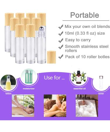 Yalbdopo 10Pcs 10Ml Essential Oil Roller Bottles - Refillable Clear Glass Roll on Bottles with Stainless Steel Roller Ball & Wood Grain Plastic Cap Include 12 Label Dropper & Opener - Buy Online on GoSupps.com