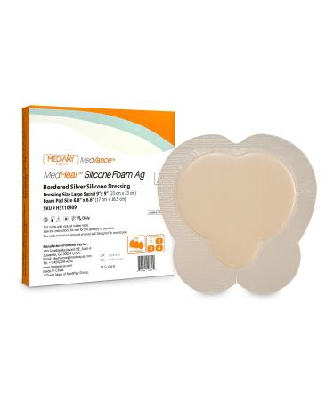 Bordered Silver Silicone Ag Sterile Highly Absorbent Antibacterial Dressing  Sacral Sacrum  9x 9 (6.6x 6.4 Pad)  5 dressings/Box  MedHeal by MedvanceTM