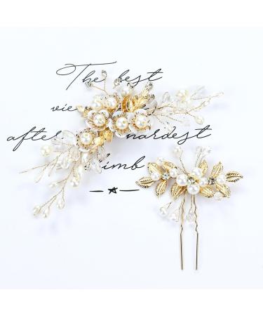 inSowni 5 Pieces Gold Metal Pearl Rhinestone Wedding Bridal Leaf Flower Hair Clips Barrettes+U-shaped Floral Hair Pins Accessories Headpieces for Brides Bridesmaids Women Girls - Buy Online on GoSupps.com
