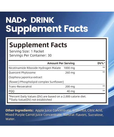 Nad Liquid Supplement 1500mg, Extra Strength NAD+ whit Nicotinamide Riboside Hydrogen Malate, Quercent Phytosome, Resveratrol, PQQ, Anti-Aging, Energy, Focus for Men & Women, 30 Pack, Berry Flavor - Buy Online on GoSupps.com
