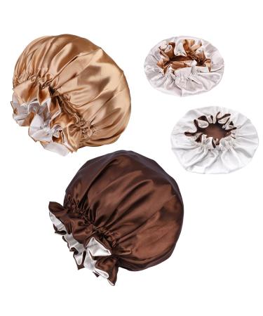 Satin Bonnet Silk Bonnet Double Layer 2 Pack Satin Bonnets for Women Large Soft Elastic Band Night Sleeping Head Cover for Girls (Khaki + Brown)