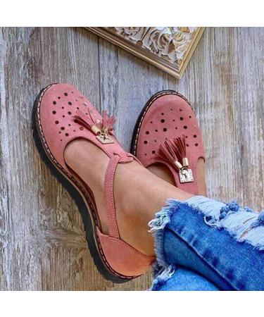 Creev women summer thick floor sandals tassel B hmische Roman sandals Riemensandal summer shoes ankle boots beach shoes light slippers (brown 35 EU) roze 35 EU