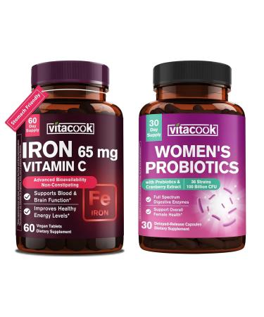 Vitacook Iron Supplement for Women Men High Potency Iron 65mg with Vitamin C 250mg + Women's Probiotics 100 Billion CFU 36 Strains with Prebiotics & Digestive Enzymes