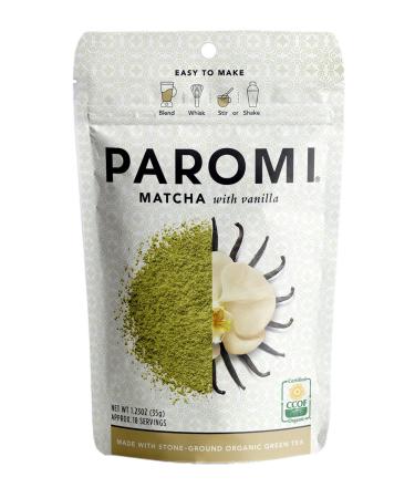 Paromi Tea Matcha With Vanilla 35 Grams, Organic Stone-Ground Organic Green Tea with Natural Vanilla Flavor, Serve Hot or Iced, Blend, Whisk, Stir, or Shake into Water or Milk