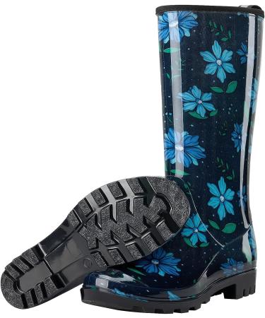 HISEA Women's Knee High Rain Boots - Waterproof Garden Wellies in Flower Blue - Buy Online on GoSupps.com