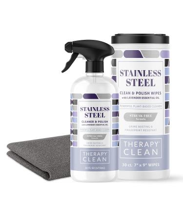 Therapy Stainless Steel Cleaner & Wipes Kit - Fingerprint Resistant, Removes Steaks and Water Marks from Appliances - Safe on Refrigerators, Grills, Sinks and Ovens