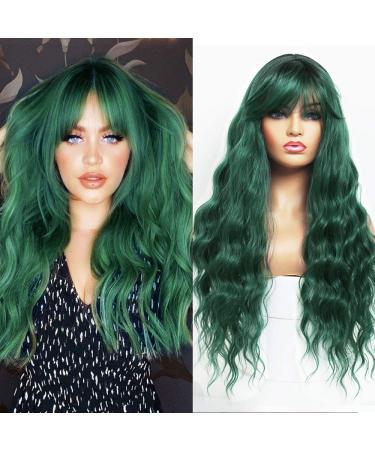 Andria Green Blue Synthetic Wig with Bangs - 26 Inch Long Loose Curly Wave Ombre Green Hair for Women - Buy Online on GoSupps.com