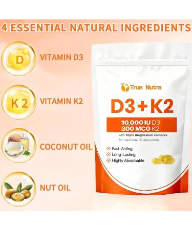 true nutra D3 K2 Vitamin D3 K2 10 000 IU Magnesium Supplement Non-GMO Gluten-Free Supports Immune & Energy 300 Coconut Oil Softgels (2pcs) - Buy Online on GoSupps.com