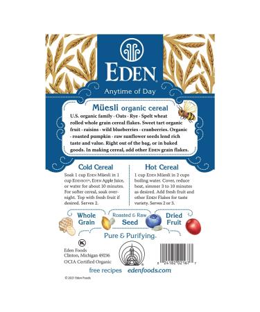 Eden Organic Muesli Cereal with Oat, Rye, Wheat, Spelt Flakes, Raisins, Cranberries, Blueberries, Pumpkin Seeds - 17.6 oz - No Added Sugars - Buy Online on GoSupps.com