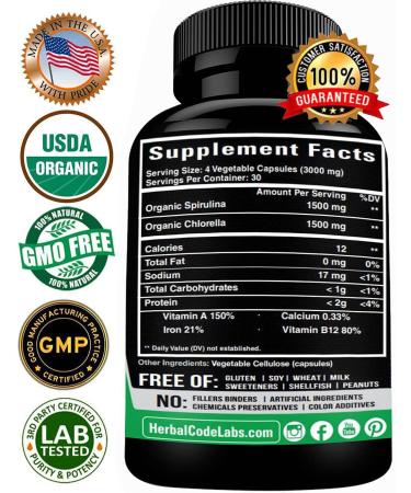 Organic Chlorella Spirulina Powder Capsules - 3000mg BMAA-Free Blue Green Algae - Raw Vegan Protein Superfood - Made in USA - Buy Online on GoSupps.com