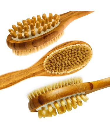 LunaBody Bamboo Body Brush for Back Scrub - Natural Boar Bristle Shower Brush Scrubber with Long Handle - Exfoliate Skin and Cellulite - Wet or Dry