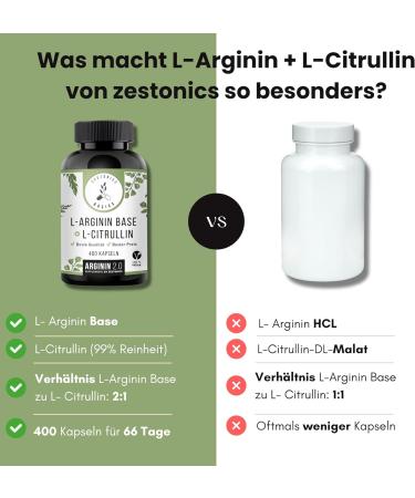 Buy L-Arginine Base & L-Citrulline 400 Capsules - 99% Purity 2:1 Ratio 66 Days Supply - High Quality Arginine 2.0 by Zestonics Basics - Buy Online on GoSupps.com