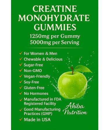 Ahiba Nutrition Creatine Monohydrate Gummies 5g per Serving, chewable, Vegan, Non-GMO, Sugar-Free, Soy-Free, Gluten-Free, Men & Women,More Strength & Recovery- Sour Apple Flavor, Made in USA - Buy Online on GoSupps.com