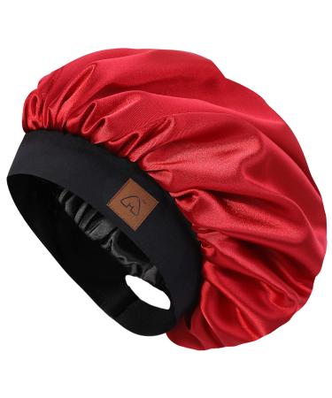 Hat Hut Satin Bonnet Silk Bonnet Sleep Cap for Women Hair Bonnet for Curly Hair Sleeping Adjustable Wide Band Double Layer One Size A10-Burgundy