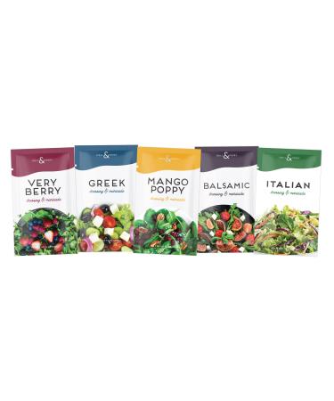 Hall & Perry Low Calorie, Low Fat, Keto Friendly Lite Salad Dressing Packets - 15 Ready to Serve Individual Pouches, 1 oz each Very Berry,Greek,Mango Poppy, Balsamic, Italian 15 Pack