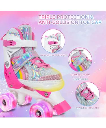 MammyGol Adjustable Roller Skates with Full Light Up Wheels for Girls | X-Small - Small - Medium Sizes | Ages 3-8 | Quad Skates in Rainbow Pink - Buy Online on GoSupps.com