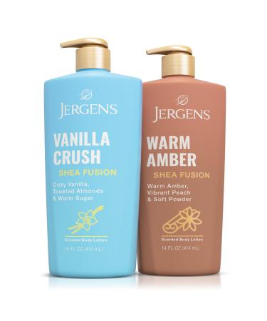 Jergens Shea Fusion Body Lotion Dual Pack Moisturizer with Shea Butter and Vitamin E Vanilla Crush 14 fl oz and Warm Amber 14 fl oz Pack of 2
