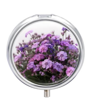 Pill Box Pill Case 3 Compartment Travel Pill Box Lavender Bouquet Printing Small Pill Box Portable Medicine Pill Case Pill Organizer for Purse & Pocket for Travel Handbag (Round)