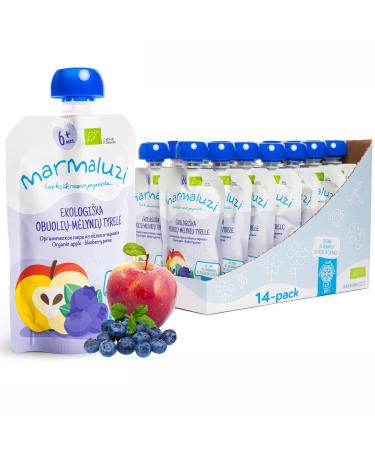 Organic Quetschies by Marmaluzi - Premium Baby Quetschie for Children from 6 months - fruit puree without adding sugar and additives - apple & blueberry - 14 Pack (14 x 90g.)