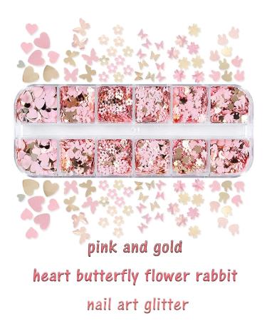 12 Grids Holographic Nail Glitter Set for Acrylic Nails - Butterfly Flower Heart Rabbit Pink Gold Sequins for Valentine's Day Nail Decoration - Buy Online on GoSupps.com