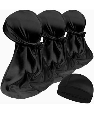 3PCS Silky Durags and 1 Wave Cap Packs for Men Waves Doo Rag Compression Caps for 360 540 720 Waves Ideal Gifts for Christmas (Black) S3-1(black black black)