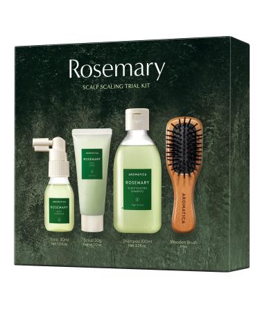 AROMATICA Rosemary Scalp Scaling Trial Kit - Mini Wooden Hair Brush - [Shampoo 3.38 fl. oz. / Root Enhancer 1.01 fl. oz. / Scalp Scrub 1.01 fl. oz.] - For Clearer and Dandruff Free Hair - Plant-based Vegan Shampoo - Free f…