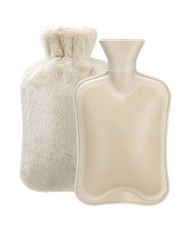 Hot Water Bottle Rubber with Soft Cover (2 Liter) Hot Water Bag for Cramps, Pain Relief, Removable Hot Cold Pack Hot Water Bed Warmer Creamy-white Rubber