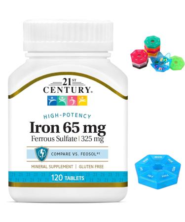Iron 65 mg Ferrous Sulfate 325 mg Tablets 120 Count Compatible with 21st Century Mineral Supplement Gluten Free Non-GMO + Bonus Pill Organizer Weekly Pill Organizer Mini