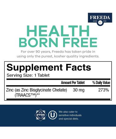 Freeda Chelated Zinc Supplement 30mg - Albion TRAACS Zinc Bisglycinate - Pure Zinc for Men & Women - 100 Tablets - Buy Online on GoSupps.com
