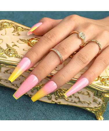 Sethexy Long Shiny Ballerina False Fingernails - French Coffin Acrylic Nail Tips (24pcs) - Yellow Complete Cover Press On Nails with Glue for Women & Girls - Buy Online on GoSupps.com