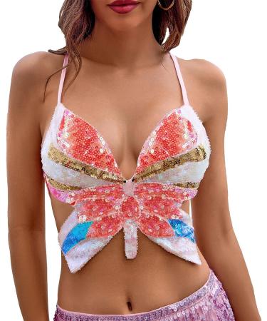 Yivilhor Women's Glitter Sequin Butterfly Crop Top - Pink | Rave & Belly Dance Sparkly Tank - Buy Online on GoSupps.com