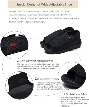 LEEWE Summer Diabetic Wide Fit Fish Mouth Shoes Black 37 - Lightweight & Flexible Casual Shoes for Deformed Feet - Buy Online on GoSupps.com