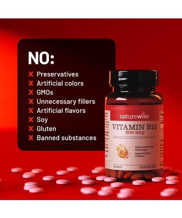 NatureWise Vitamin B12 500 mcg - B12 Supplement for Energy + Mental Clarity & Nervous System Support - Easy-to-Swallow Vegan & Non-GMO - USA Manufactured - 100 Tablets 100-Day Supply  - Buy Online on GoSupps.com