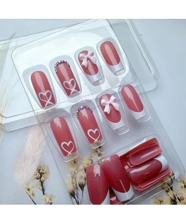French Tip Press on Nails with Charms - Medium Long Square Acrylic Nails | Cute Bow & Rhinestones for Women - Daily Wear Perfect French Nails - Buy Online on GoSupps.com